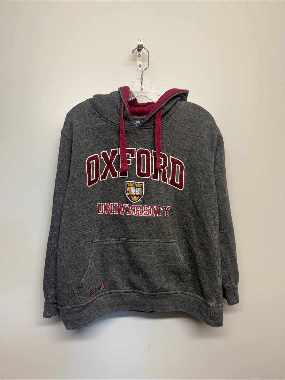 Oxford University Dark Gray Crewneck Hoodie with Maroon Accents